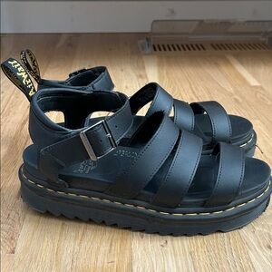 Dr. Martens Womens Black Blaire Sandals with Yellow Stitching